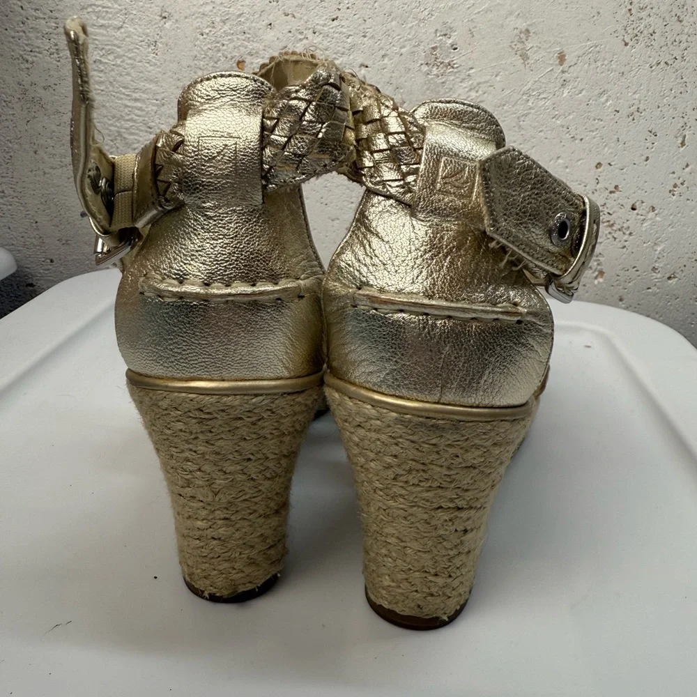 Sperry Top-Sider Wedge Leather Gold Ankle Strap Espadrille Sandals Size 8.5